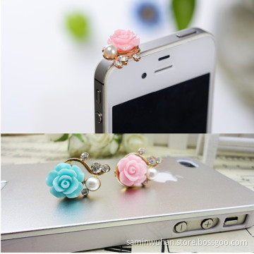 Charming Flower Pearl Rhinestone Headset Anti Dust Ear Cap Plug Stopper For IPhone Samsung HTC